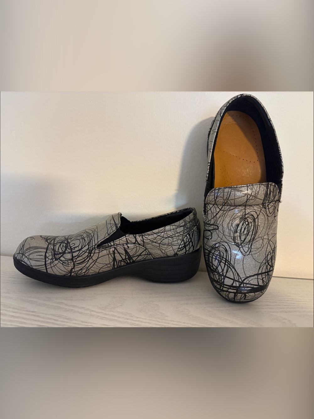 Savvy women’s nursing shoes -Silver and Black sparkly Slip-Ons